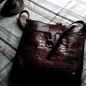 Brown leather alligator skin texture satchel.